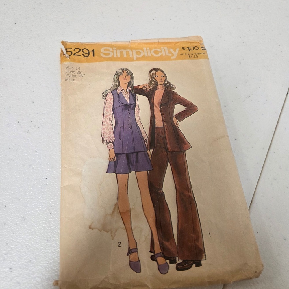 Vintage 1972 Simplicity 5291 Sewing Pattern Size 14 Jacket Vest Skirt Pants 70s